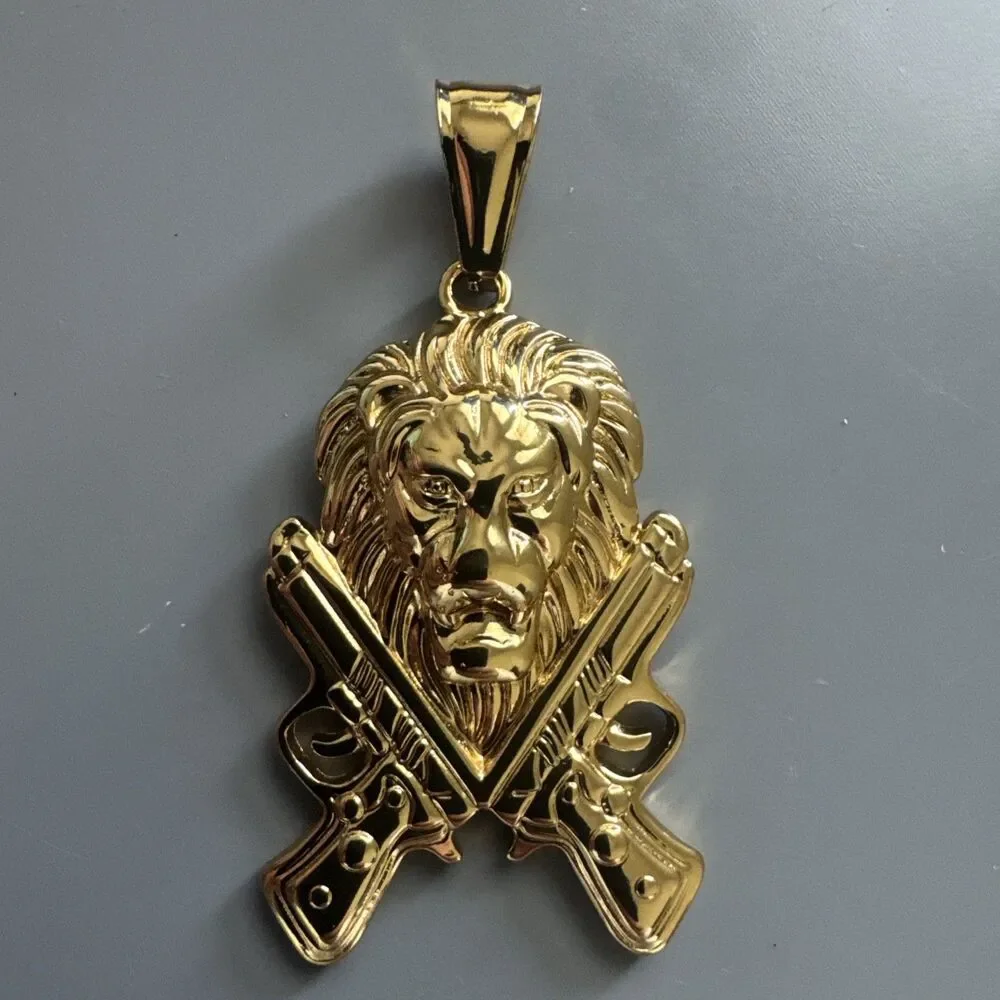 Double Gun Lion Tiger Pendant Stainless Steel 24 Inch Chain Gold Hunter Hip Hop
